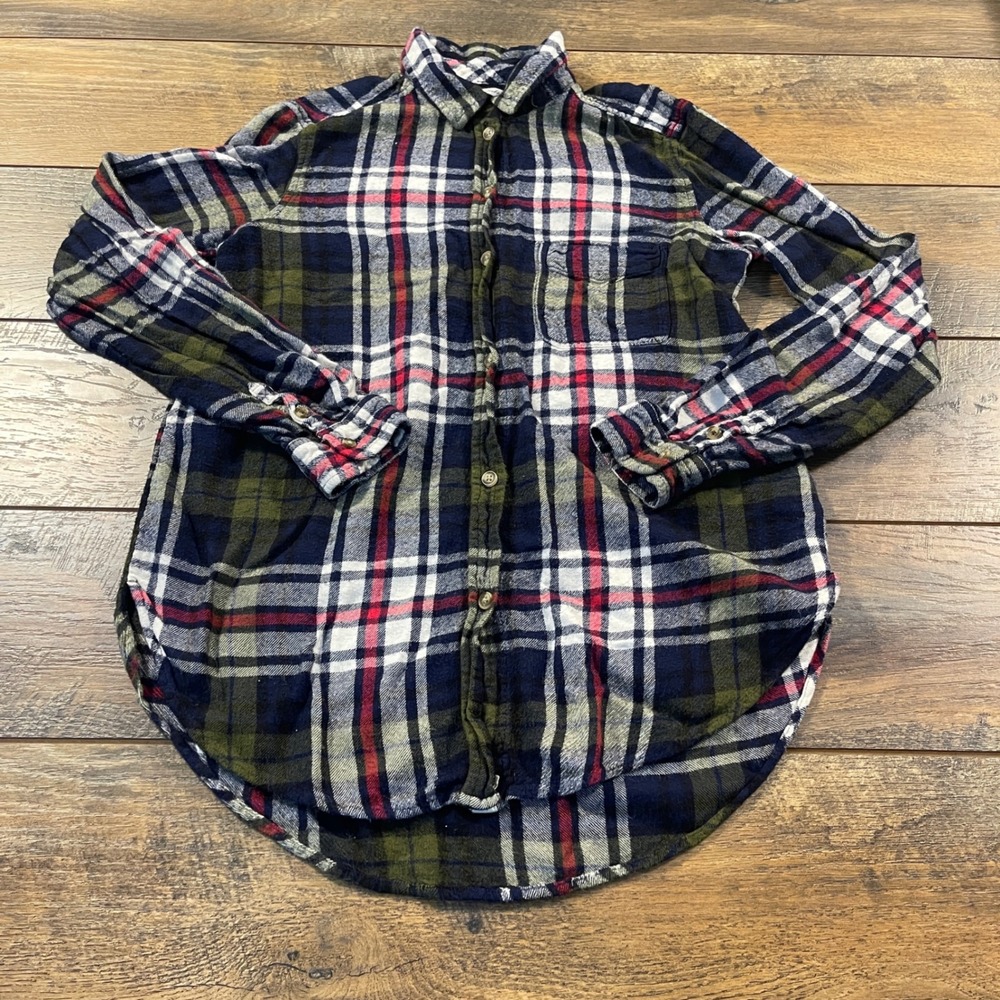 American Eagle Ahh-Mazingly Soft Boyfriend Fit Plaid Flannel Shirt Navy Green S